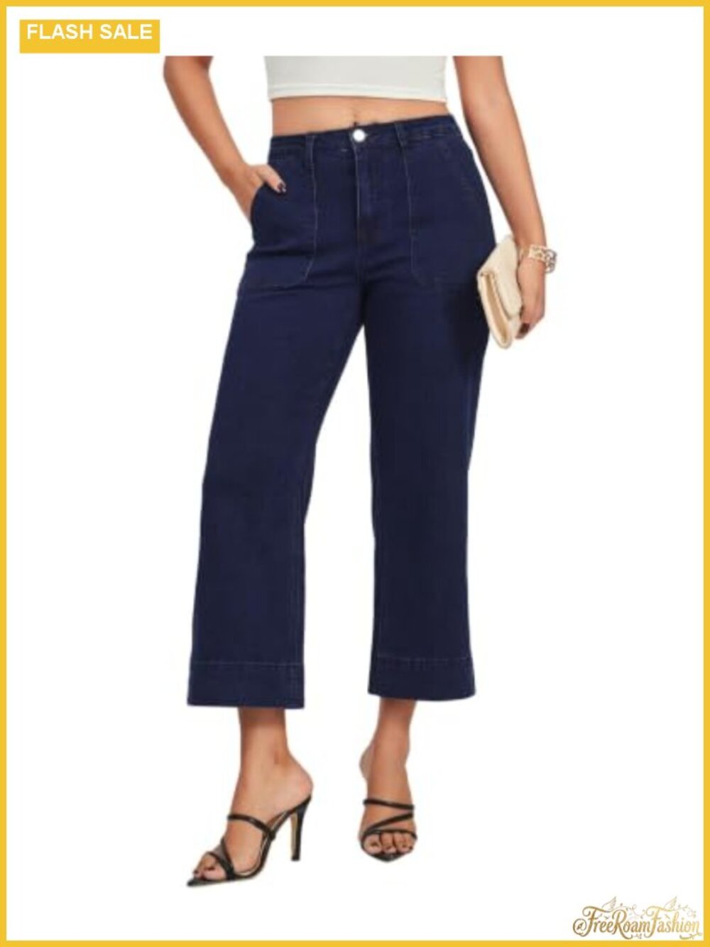 High Waisted Wide Leg Jeans for Women Stretchy Cropped Denim Pants with Pockets